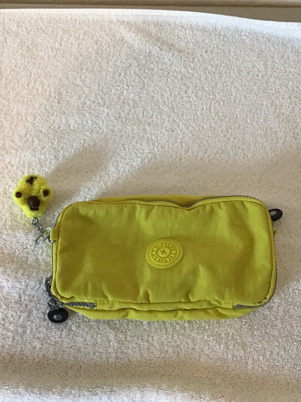 Kipling Neon Yellow Nylon Pouch with Pom Charm